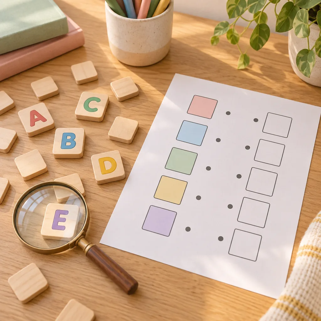 Illustration of alphabet letter blocks and activity cards on a desk