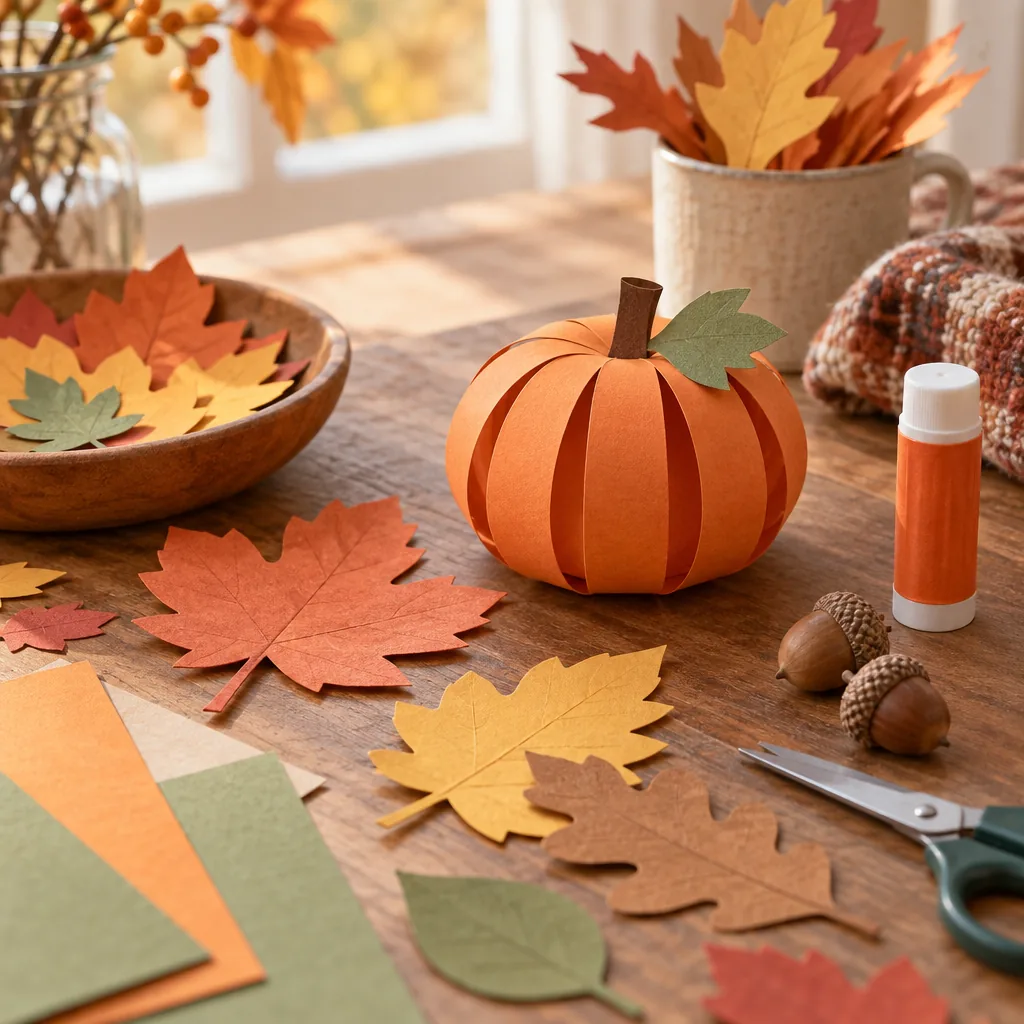 Illustration of a pumpkin, autumn leaves, and craft supplies on a table