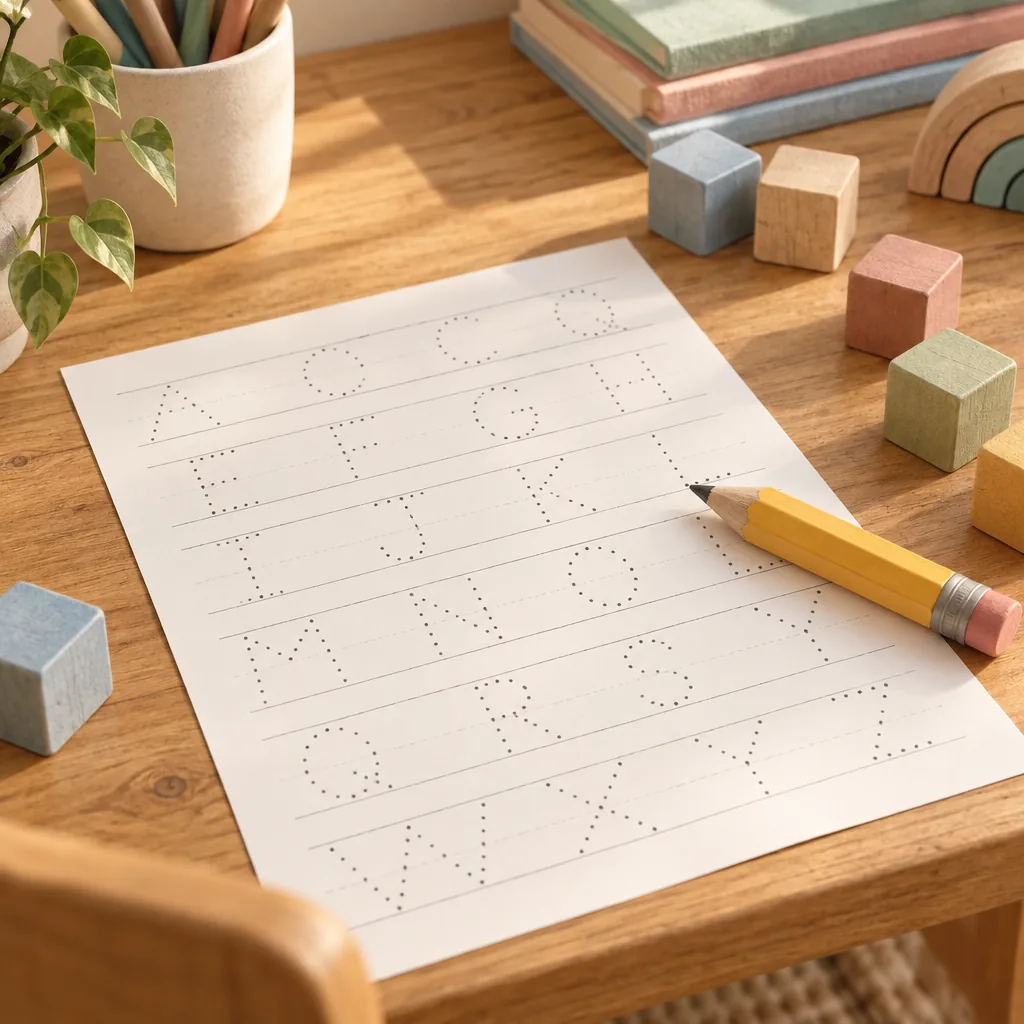 Illustration of sharpened pencils and a lined tracing worksheet on a desk