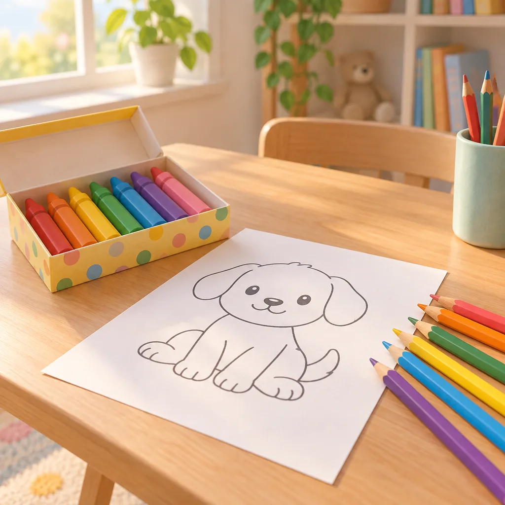 Illustration of crayons and a blank coloring page on a desk