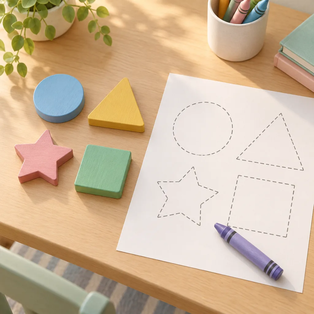 Illustration of colorful geometric shape blocks and a pencil on a desk