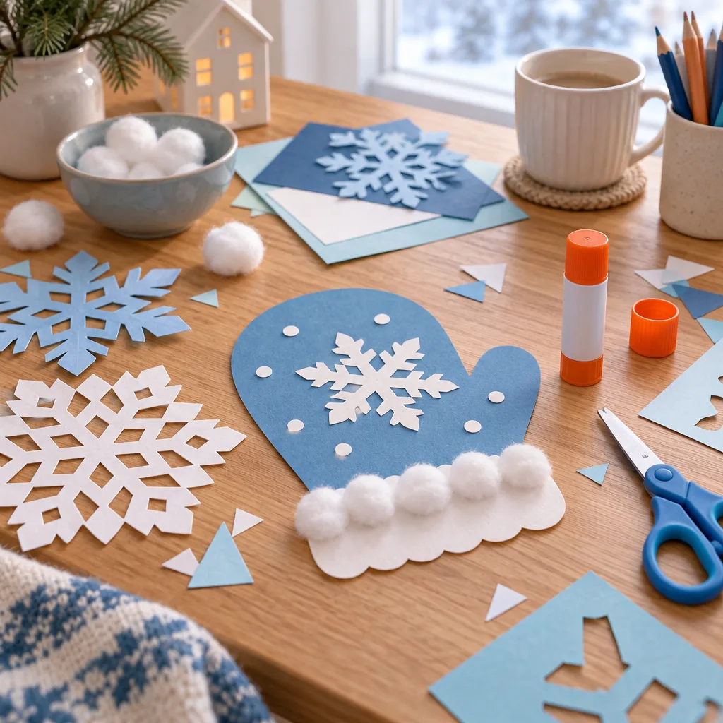 Illustration of paper snowflakes and winter craft supplies on a table